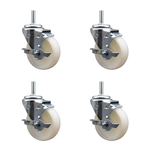 4 Inch Nylon Wheel Swivel 34 Inch Threaded Stem Caster Set with Brake SCC